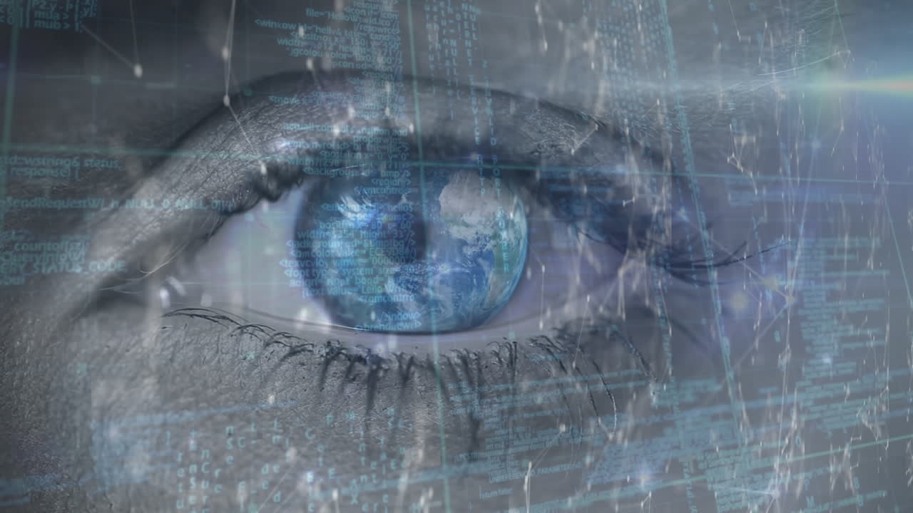 animazione dell'elaborazione dei dati e codifica binaria sull'occhio blu