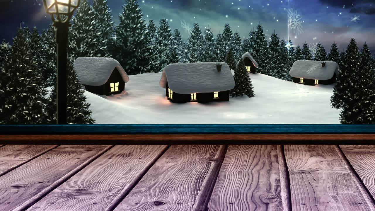 animación de nieve cayendo sobre las casas en el paisaje de invierno visto a través de la ventana