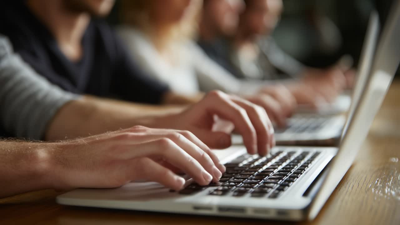 Focused Engagement: A Group of Individuals Typing on Laptops in a Collaborative Workspace, Demonstrating Productivity and Teamwork with Concentration and Determination