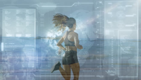 animation of scope scanning and data processing over fit woman running by seaside