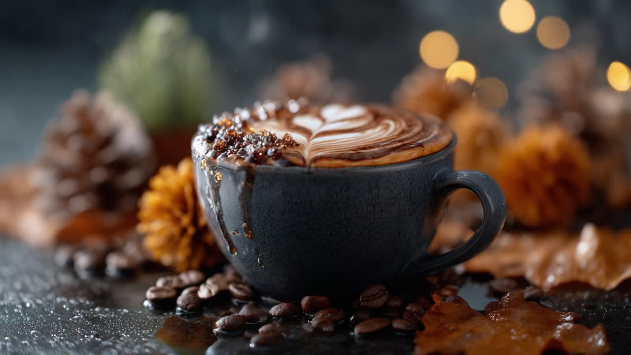 A Rich and Creamy Coffee Delight: Capturing the Perfect Chocolate Topped Beverage Surrounded by Fall Decor and Rich Coffee Beans