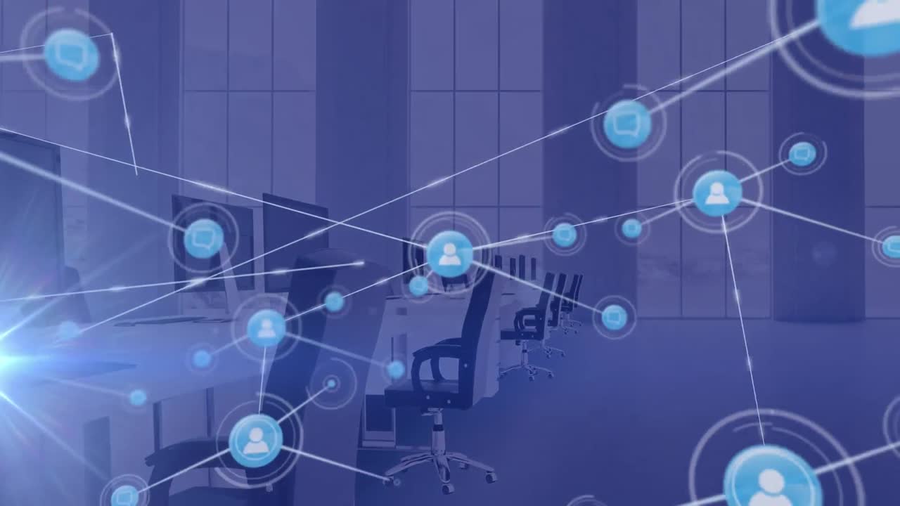 도시 풍경 위의 아이콘으로 연결된 네트워크의 애니메이션