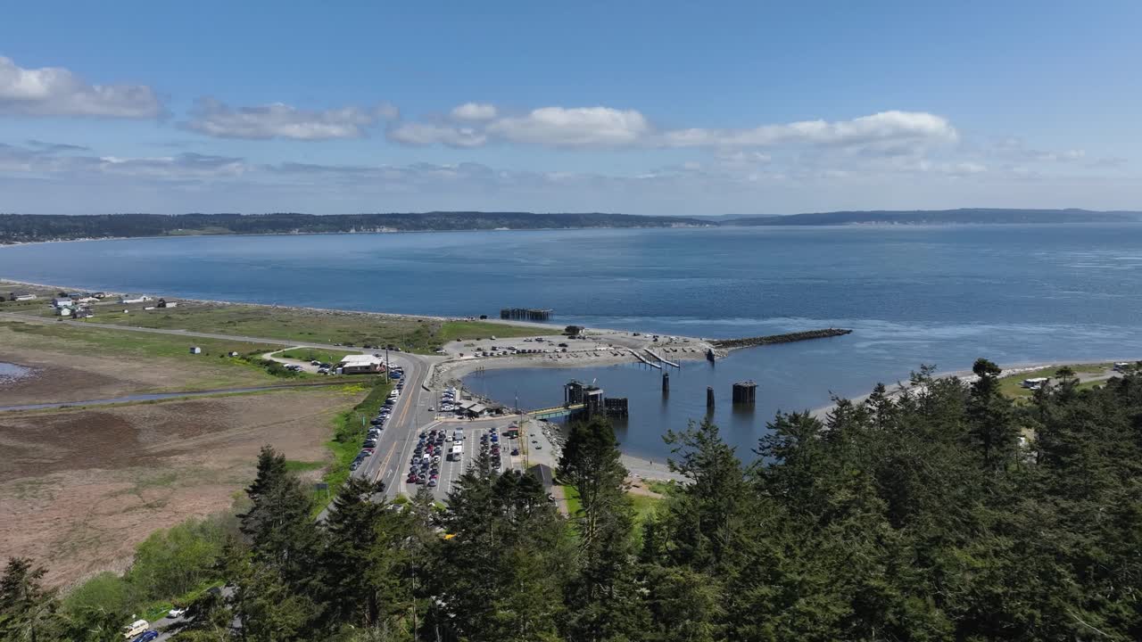 Drone shot revealing Whidbey Island's ferry terminal, ran by the Washington State Department of Transportation.