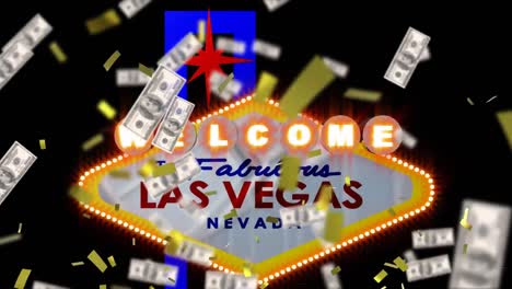 Animation-Von-Konfetti-Und-Amerikanischen-Dollarscheinen,-Die-über-Das-Neonschild-Von-Las-Vegas-Auf-Schwarzem-Hintergrund-Fallen