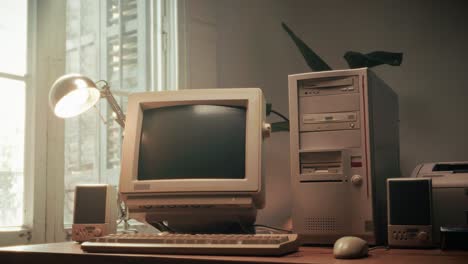 Retro pc computer gaming, Desktop vintage with loading code console, programmer making scripts, green basic screen, Old computer studio close-up, retro wave display, late 90s PC.