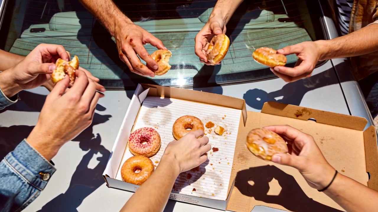 Abrindo caixa de donuts, amigos com mangas jeans pegando donuts glaceados no porta-malas do carro, compartilhando.