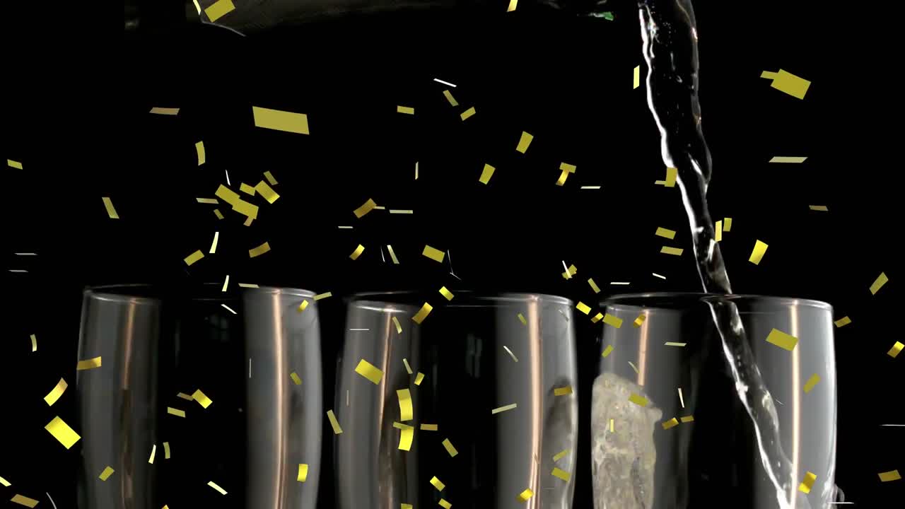 Animação de confetes caindo e champanhe sendo derramado em taça