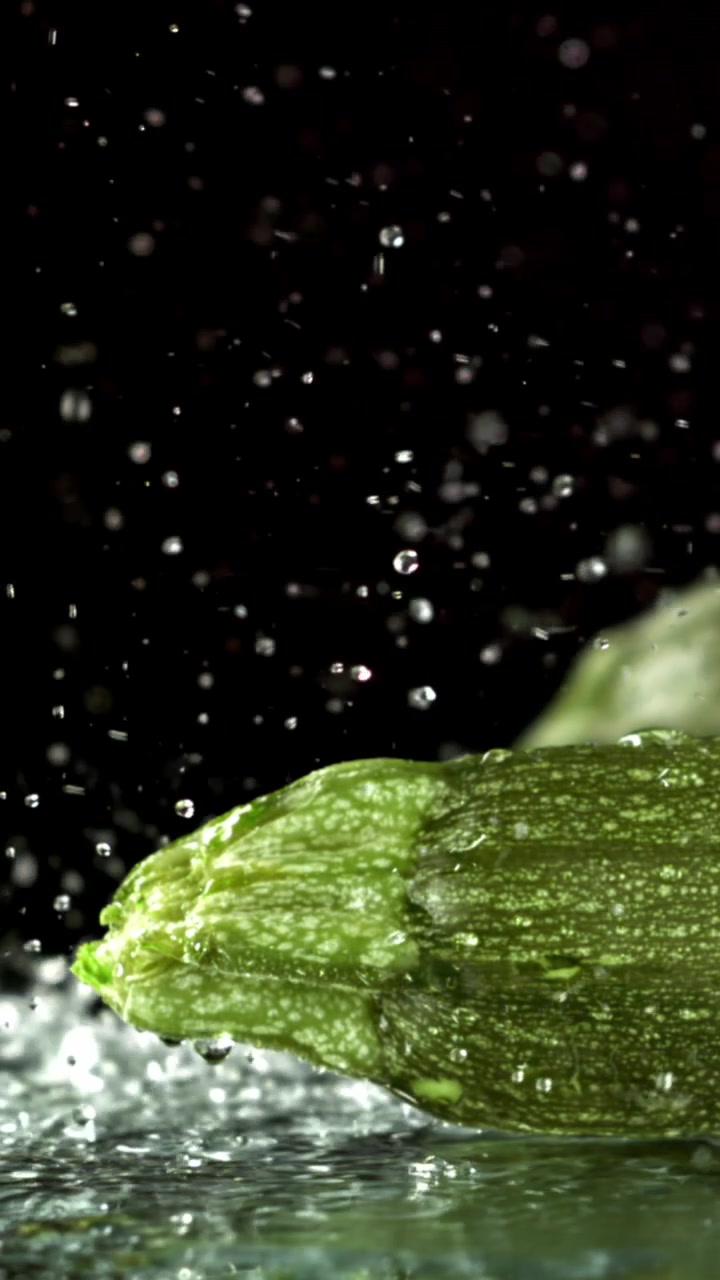 Acqua che schizza al rallentatore su zucchine verdi fresche.