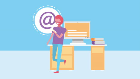 young man with desktop character