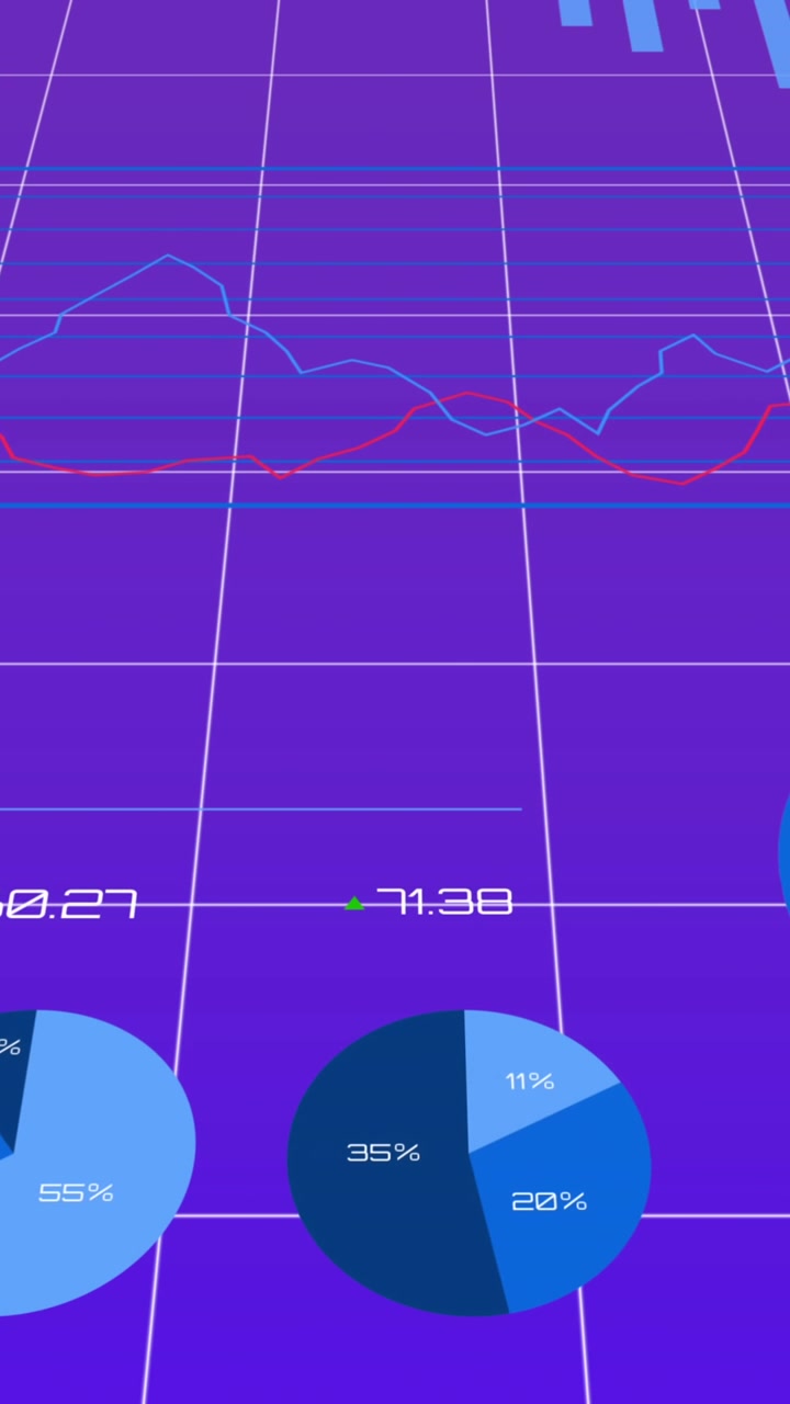 Animazione di elaborazione dati statistici su una rete a griglia su sfondo sfumato viola.