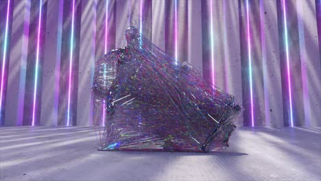 abstract 3d render of wrapped iridescent sculpture in neon lit room