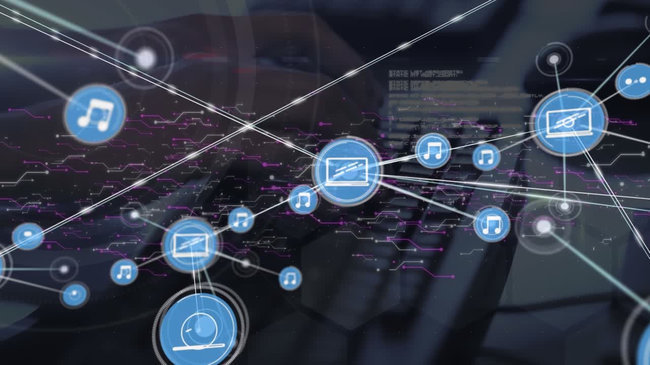 Animation of network of connections with icons and data processing over computer keyboard