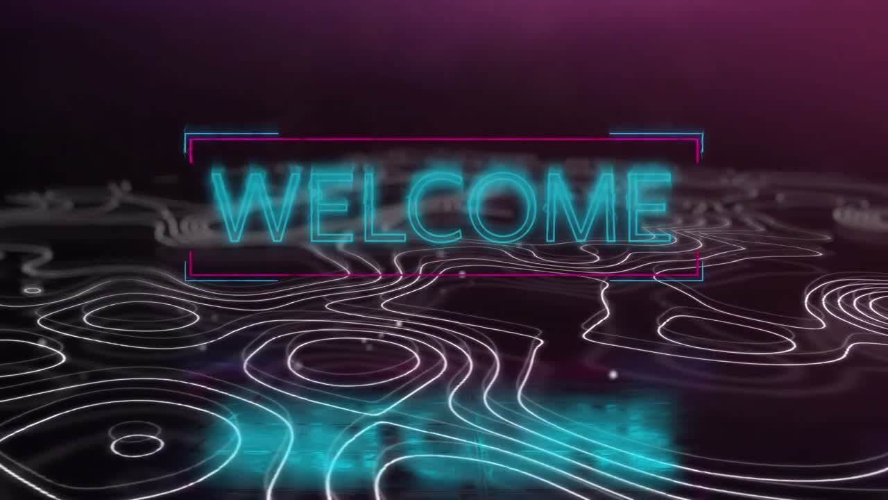 Animation of welcome neon text over moving shapes