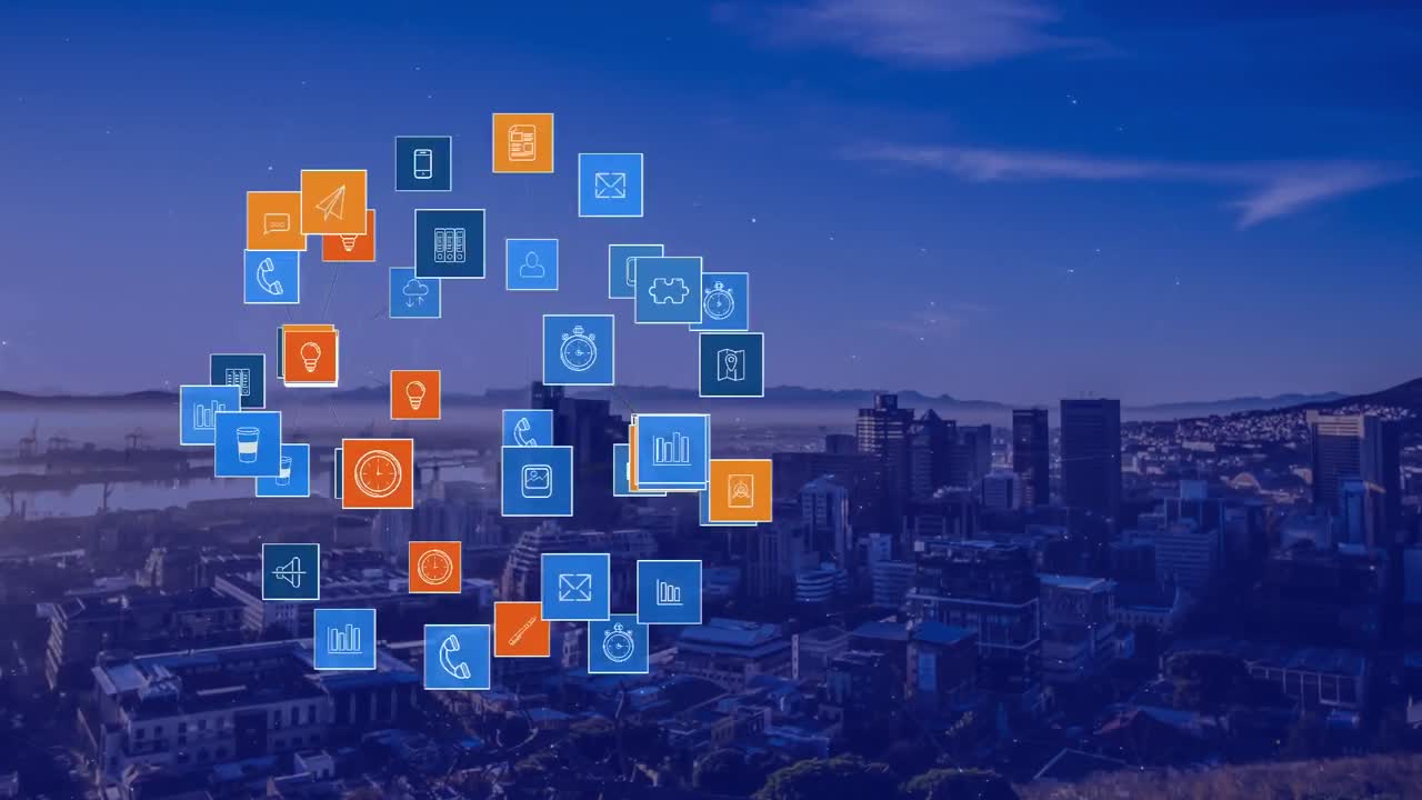 iconos de computadoras y redes en movimiento