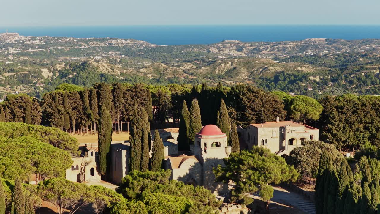 Aerial view of Filerimos Monastery in Rhodes, Greece