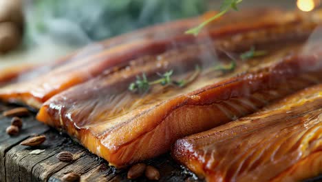 smoked salmon on a wooden board
