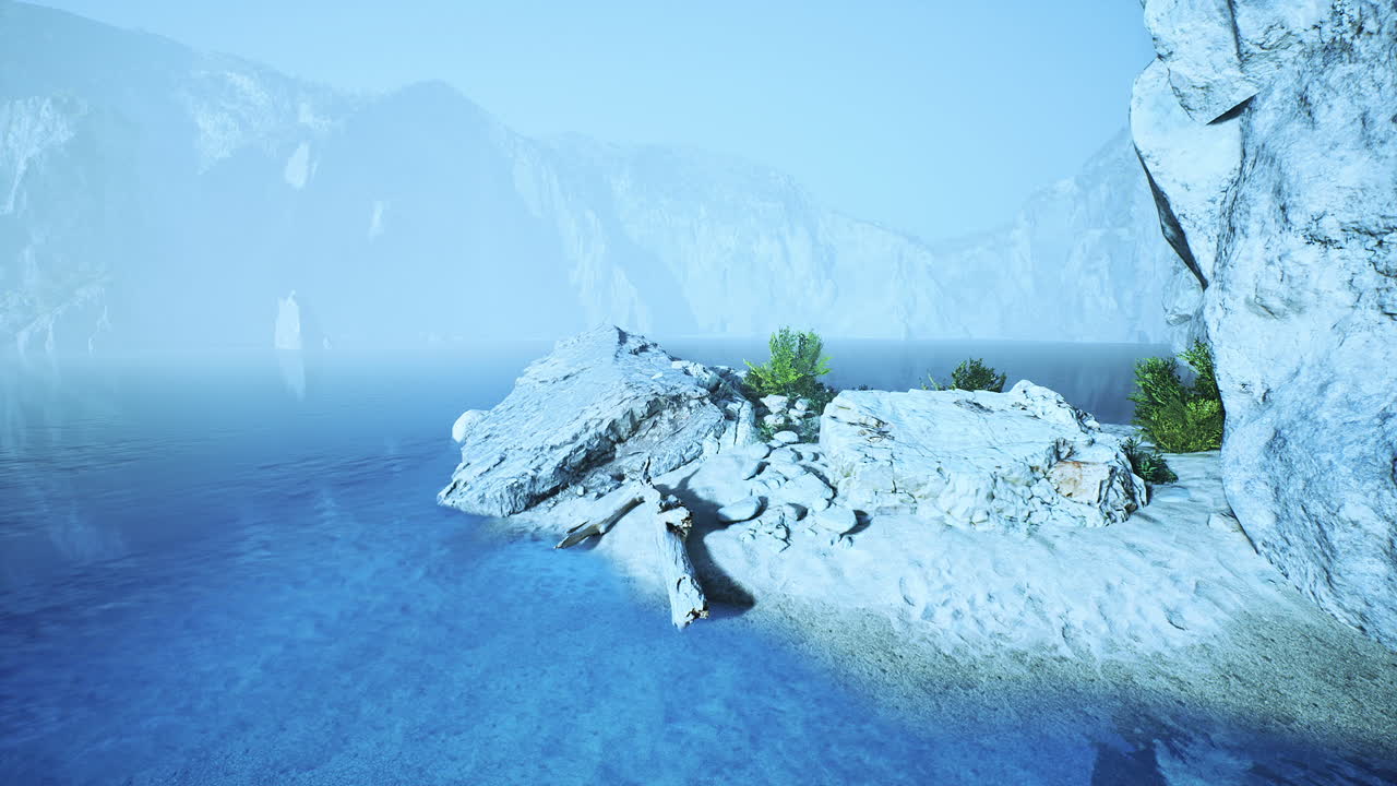 Calm waters and rocky shores in serene indonesian coastal landscape