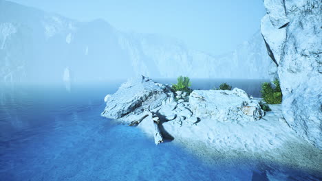 calm waters and rocky shores in serene indonesian coastal landscape