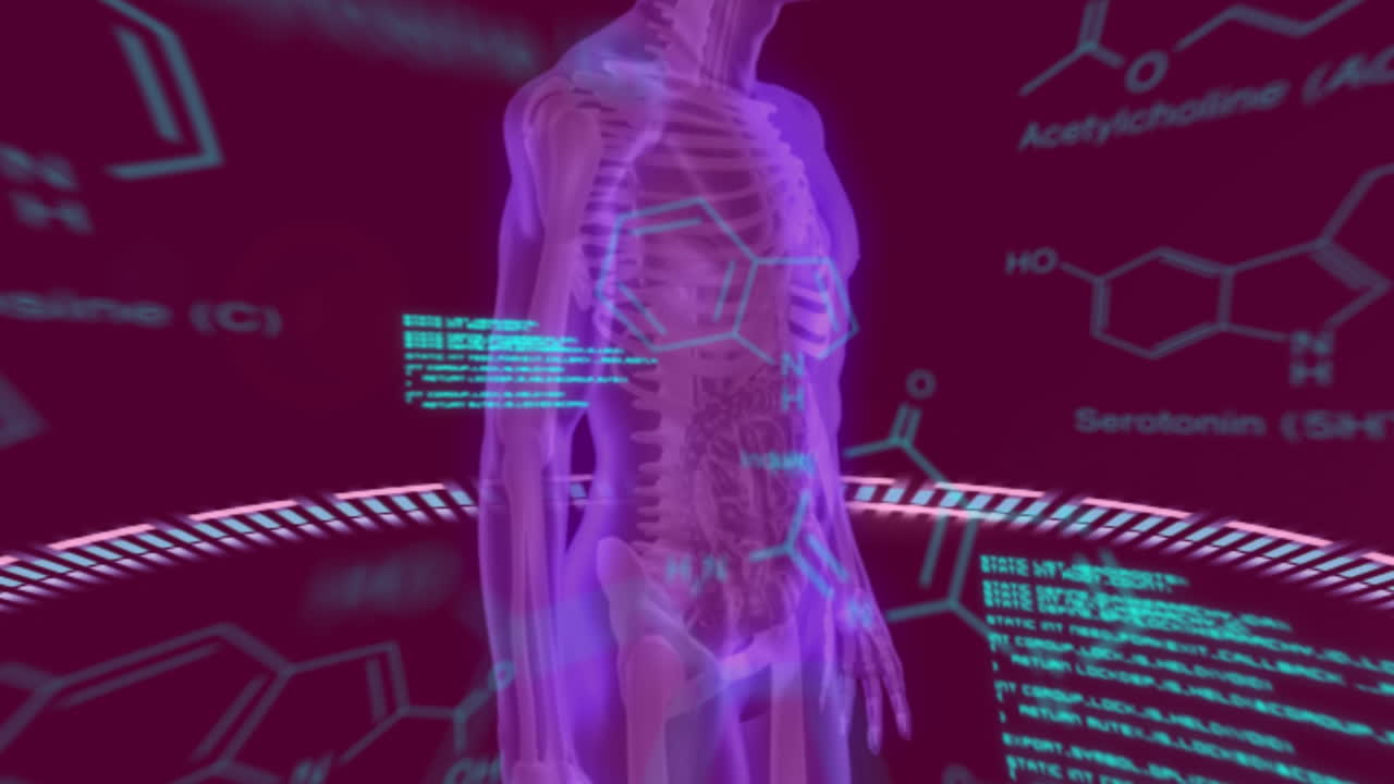 화학 공식의 애니메이션과 회전하는 인체에 대한 데이터 처리