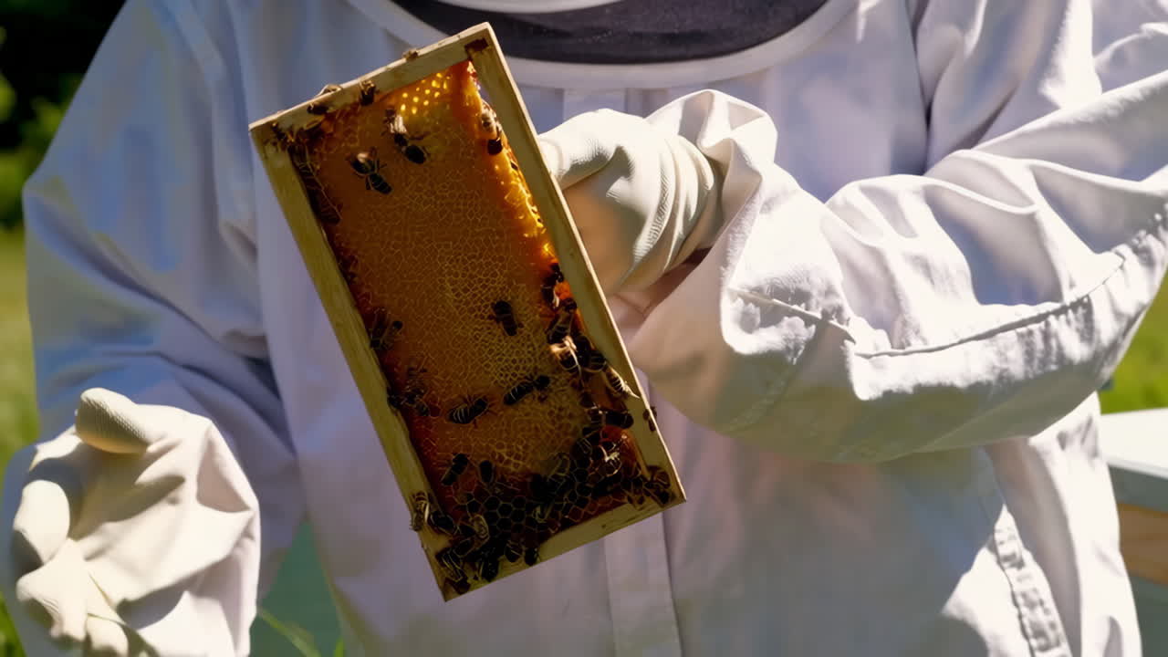 Beekeeper inspecting honeycomb frames