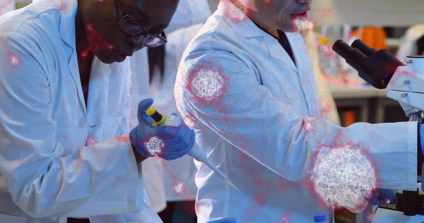 Lab techs drawing into pipette, pipetting samples and testing, viral overlay on bench and hands