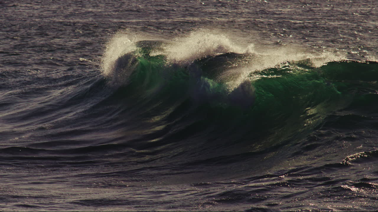 Heavy blue wave barrels forward under fading daylight, crisp curl with soft backlight