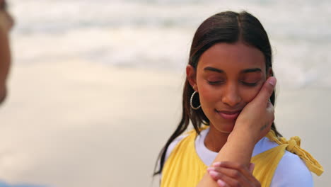 Hand,-face-and-couple-with-love-at-the-beach