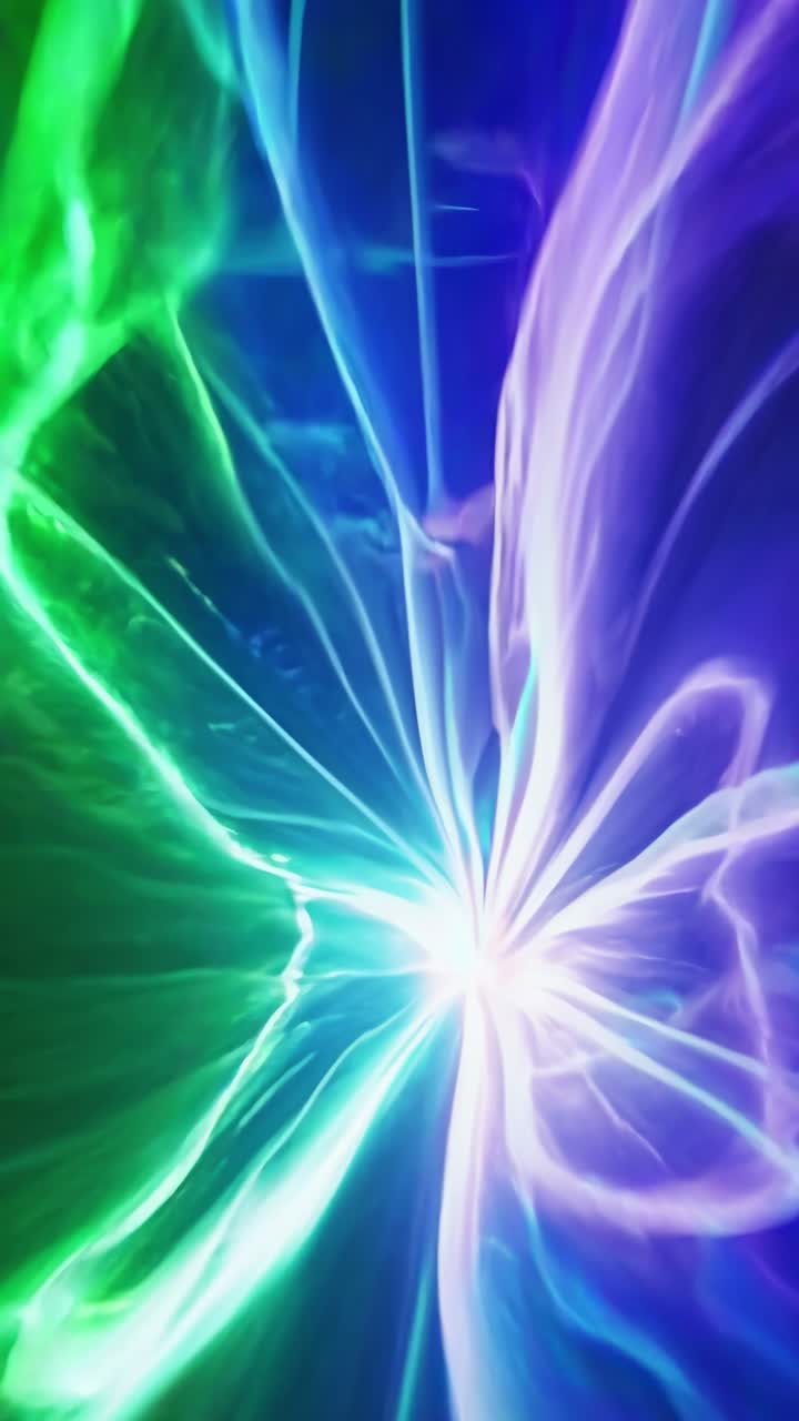 Vibrant beams of light in shades of blue and purple converge towards a central bright spot, creating a dynamic and energetic abstract composition