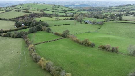 wales countryside bad weather farmland brecon beacons grass fields dull grey aerial landscape