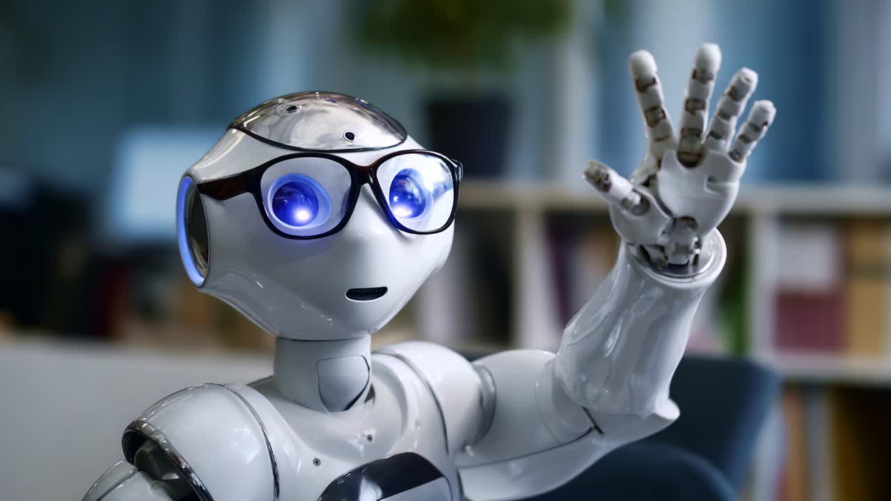 Un robot umanoide amichevole con gli occhiali saluta con la mano, mostrando tecnologia avanzata e caratteristiche simili a quelle umane in un ambiente moderno e invitante