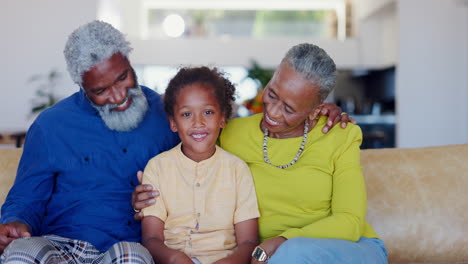 child, grandparents and face in home for love