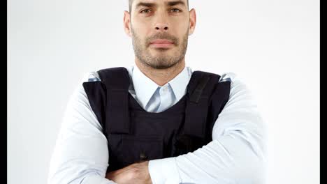 security guard wearing bulletproof vest on white background