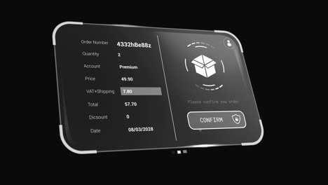 Animation of digital interface with icons and data processing on black background