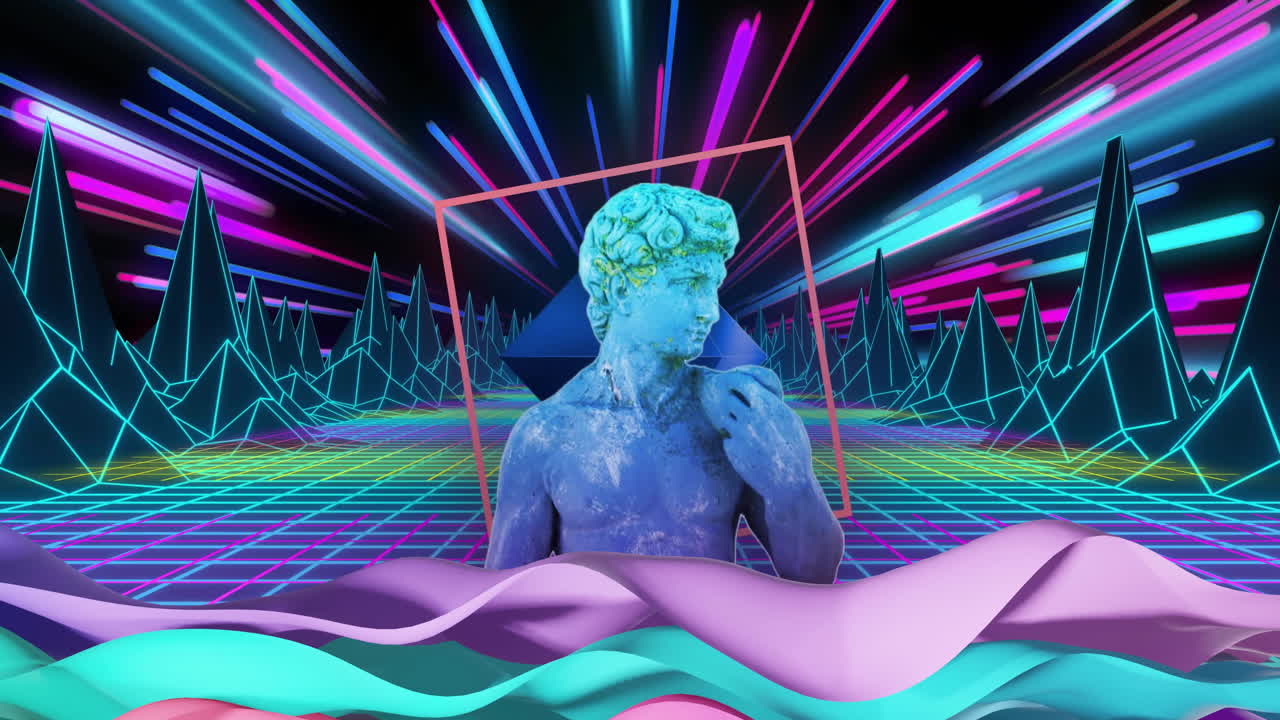 Animation of colourful shapes moving over sculpture and digital mountains