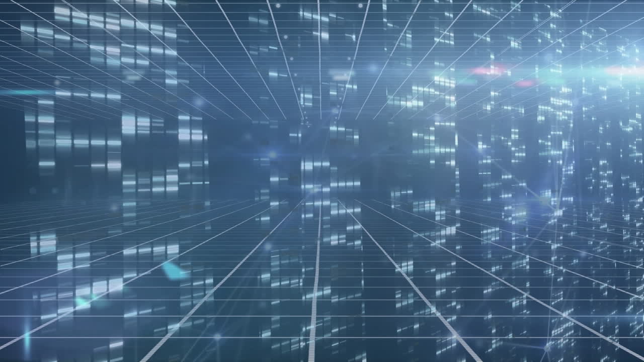 Digital animation of network of connections against screens of mosaic squares on blue background