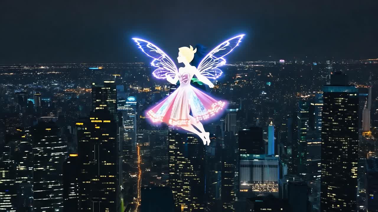 Magical fairy with glowing wings flies gracefully over a vibrant cityscape illuminated by night lights