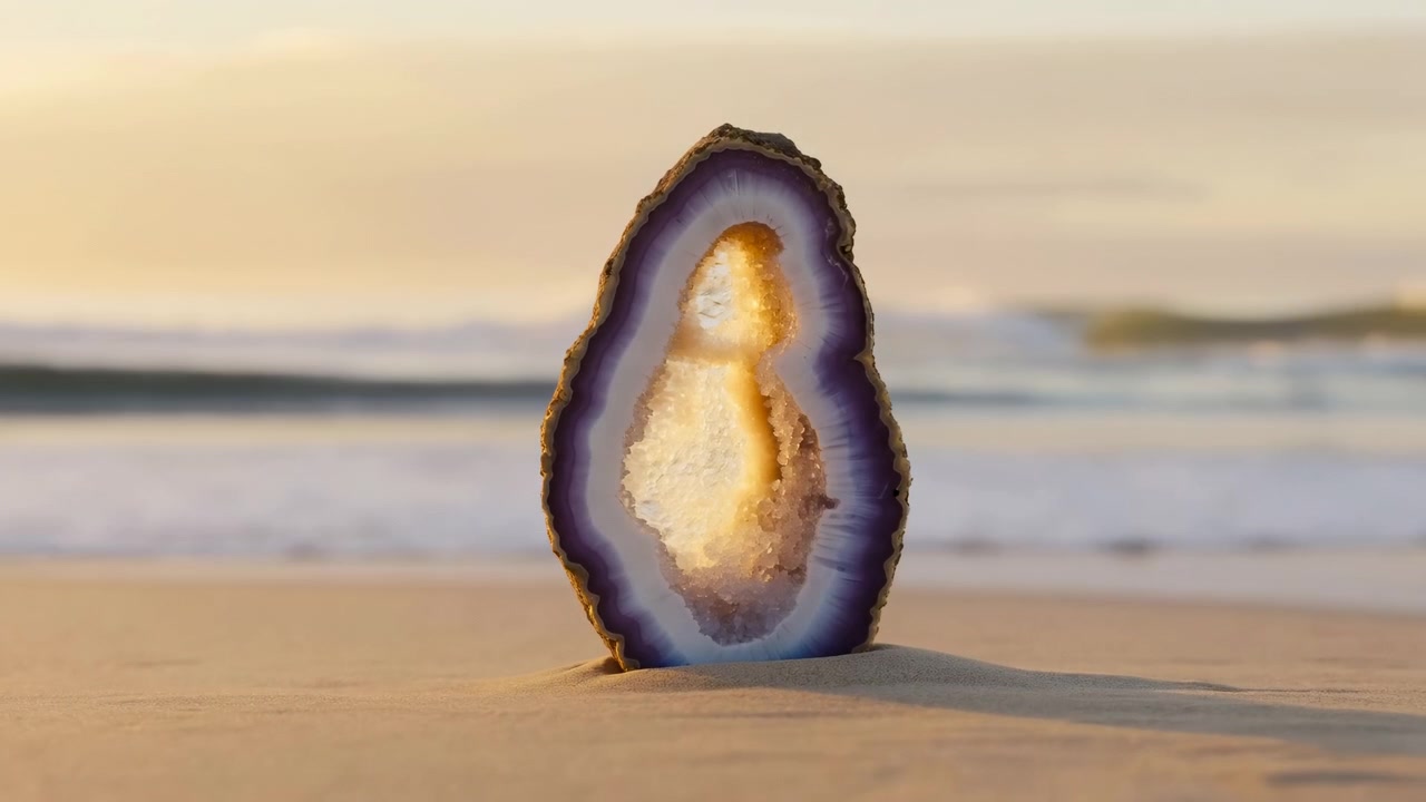 Uma geode polida está ereta na areia quente ao longo de uma costa calma com ondas distantes e um brilho suave do pôr do sol.