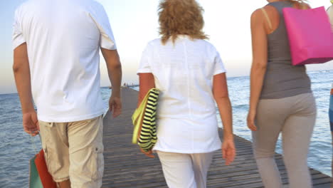 family with shopping bags walking on the pier