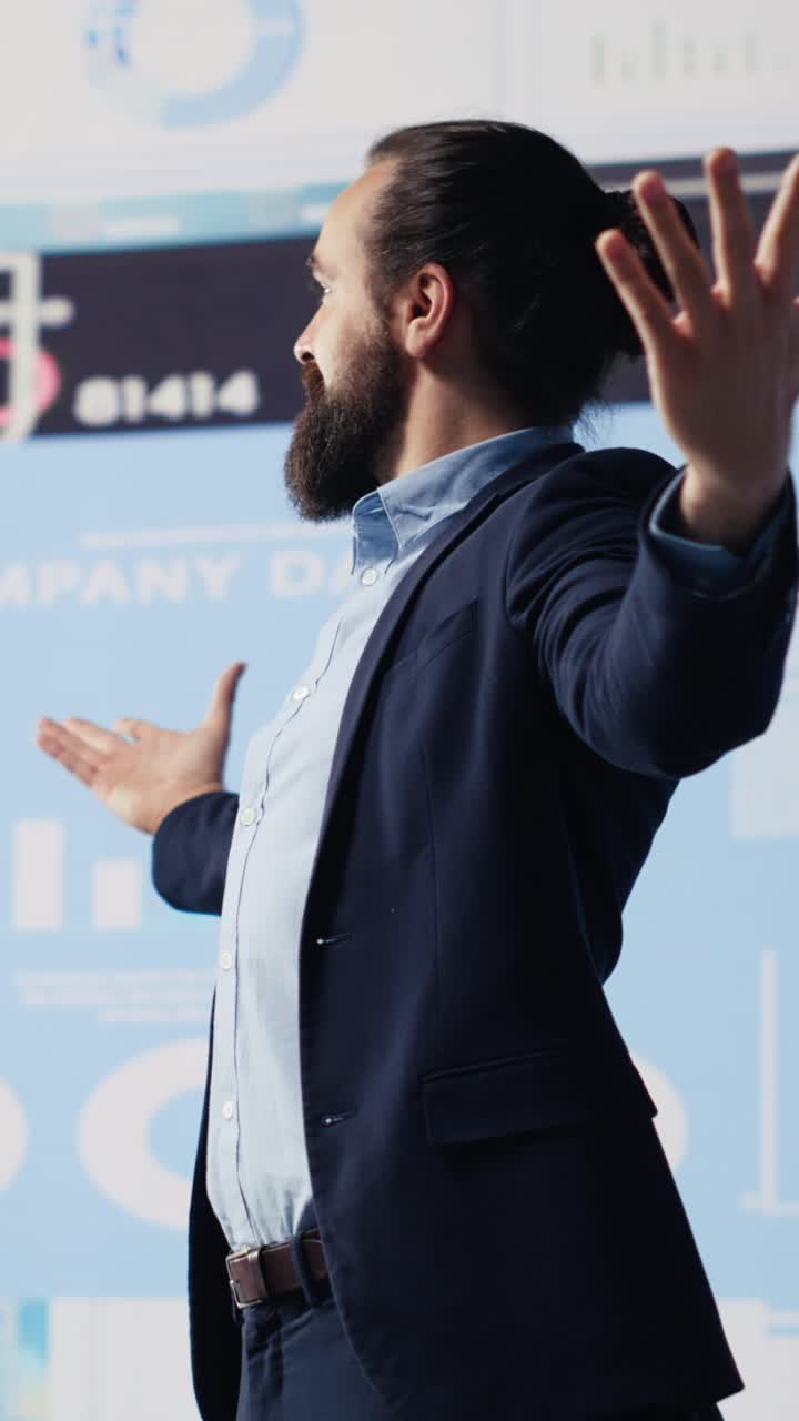 Vertical Video Fearless businessman celebrates success and achievement for high end career