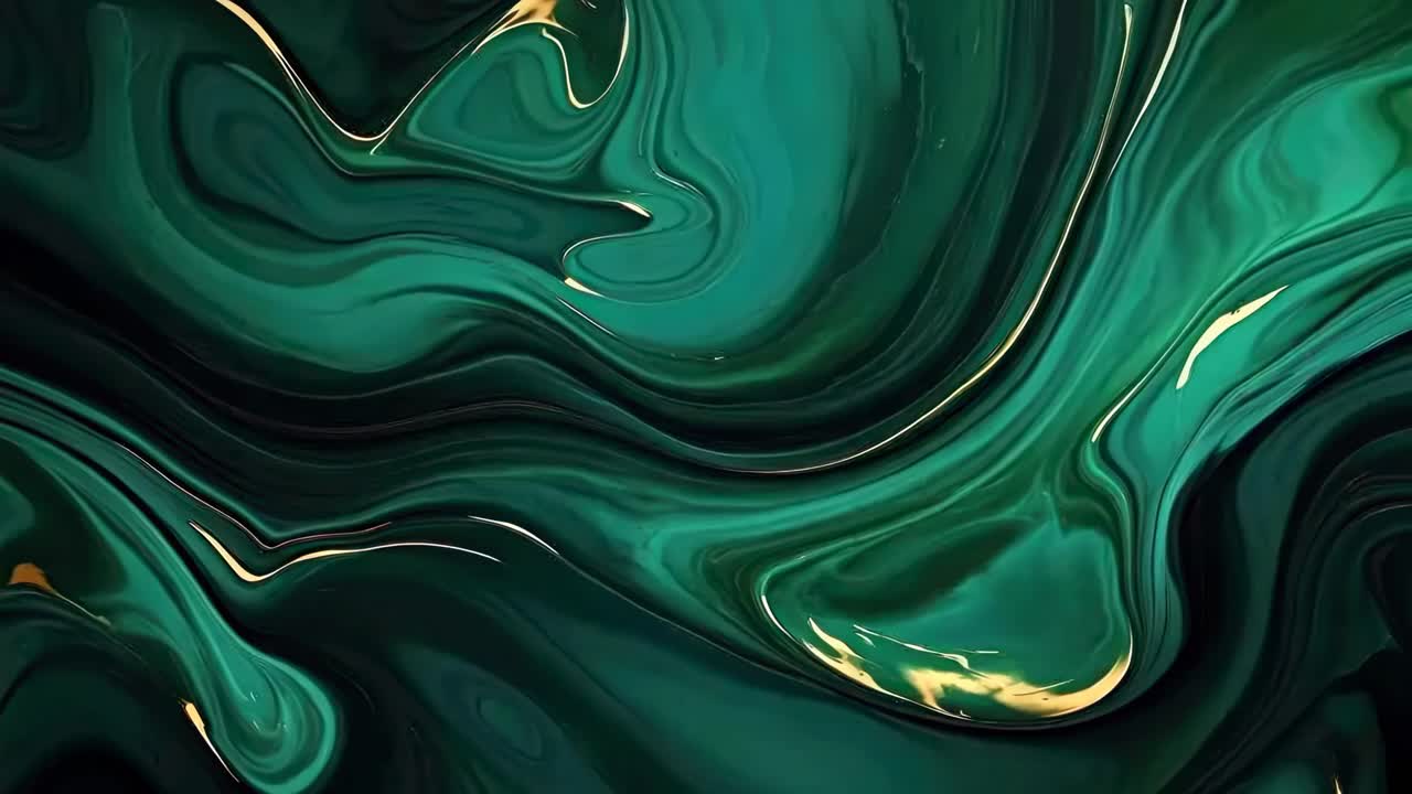 Abstract video art with swirling green and gold liquid patterns ...