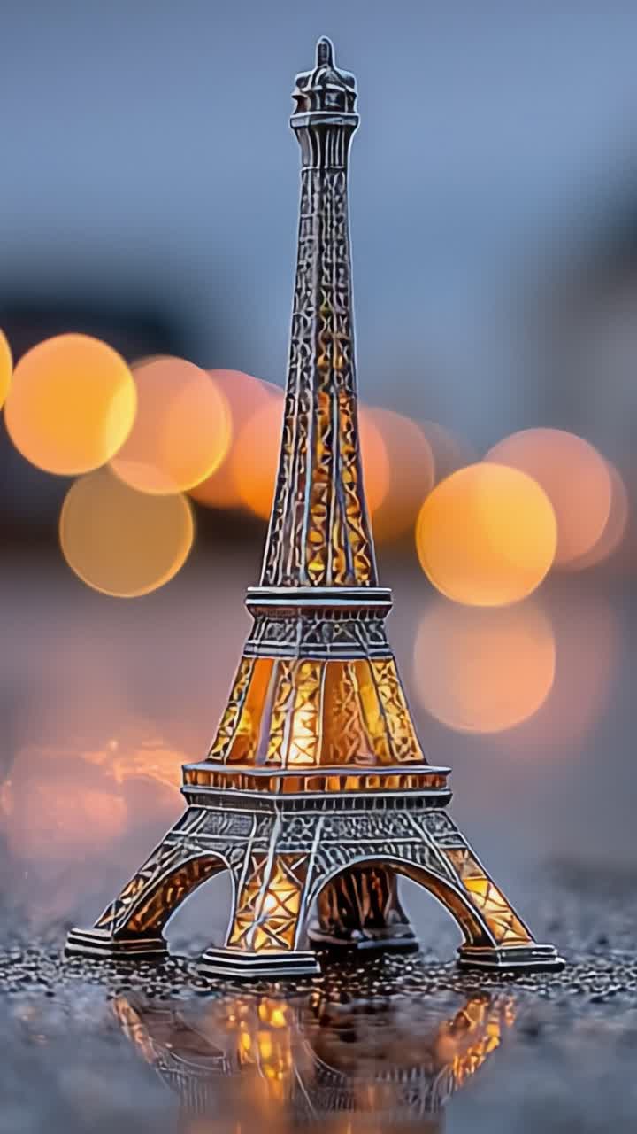 Una splendida replica metallica della Torre Eiffel catturata con un affascinante sfondo bokeh, che mostra il suo design intricato e la sua maestria artistica.