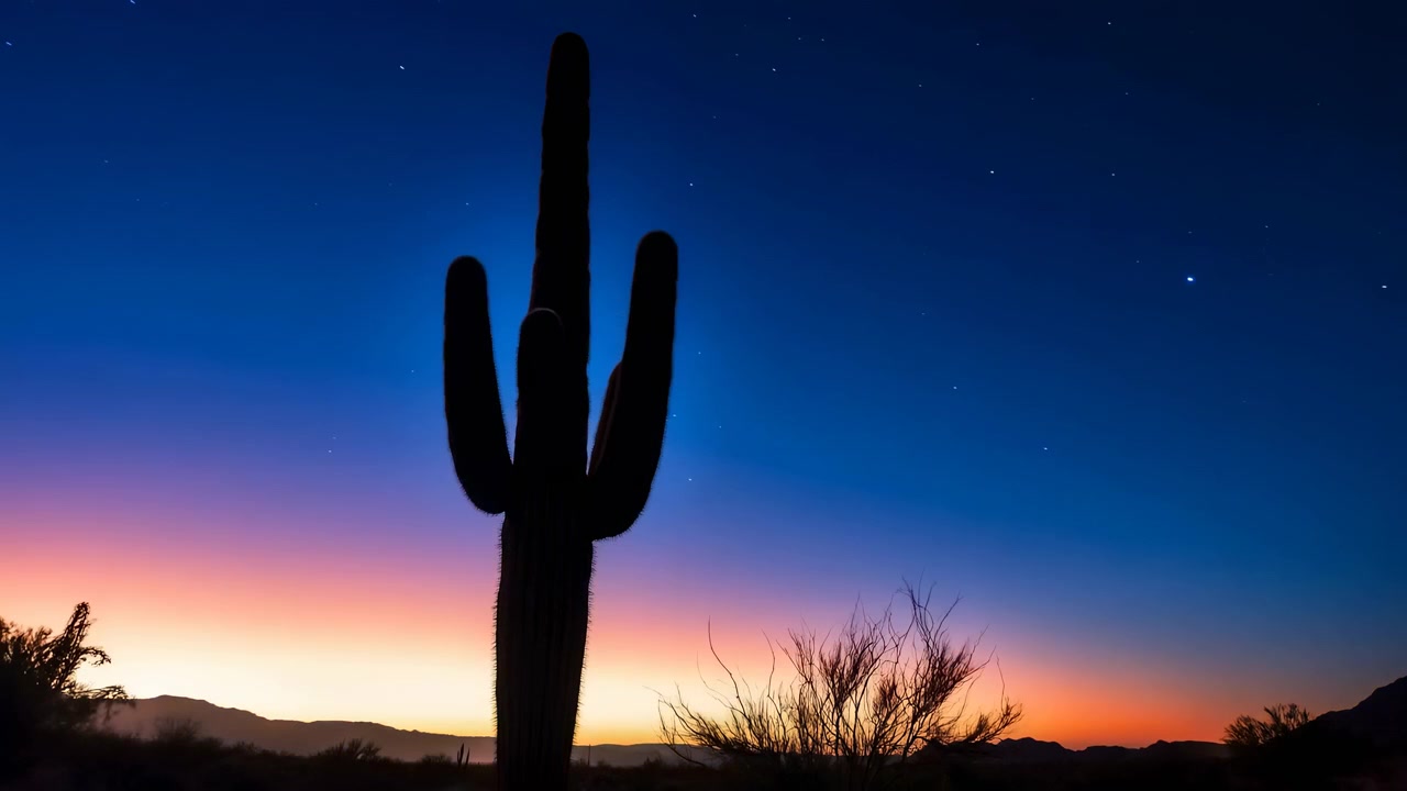 a tranquil scene of a saguaro cactus standing tall and silhouetted against the twilight sky, with distant hills and a gradient of blue and orange light, captured in a static wide-angle shot.