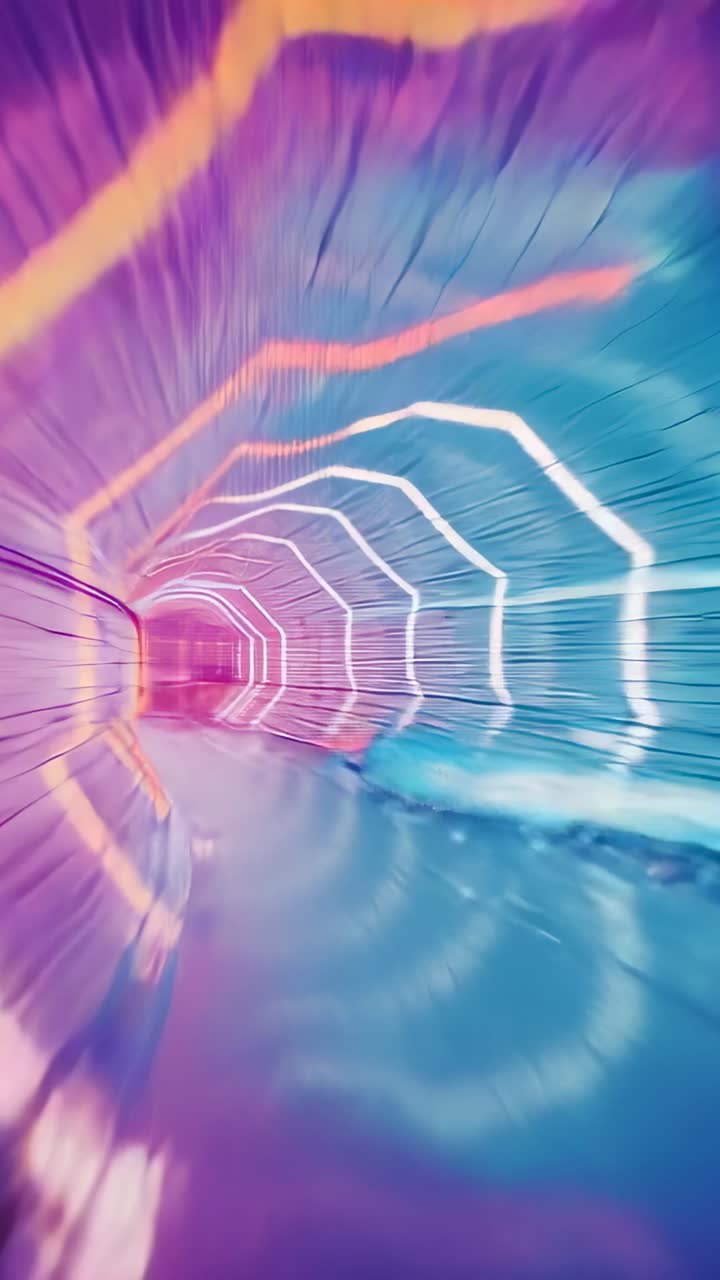 Vertical video: Camera entering neon tunnel, gliding through hexagonal frames tracing blur lines