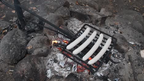 Salchichas-Asadas-A-La-Parrilla-En-Fuego-De-Campamento-Abierto