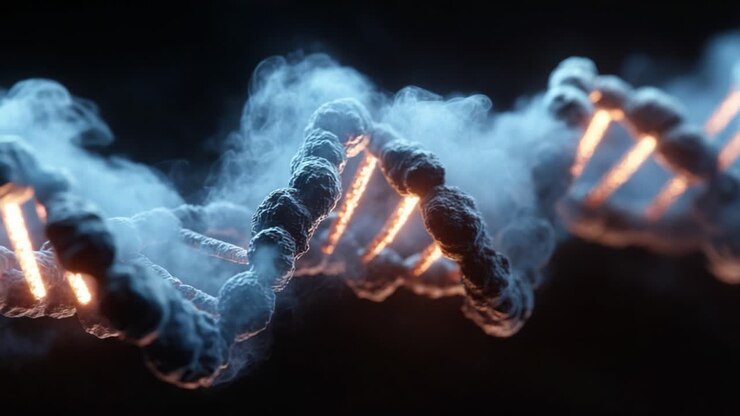 DNA'nın Karmaşık Yapısını Keşfetmek: Genetik Bilgileri Vurgulayan Eterik Duman Efektleriyle Sarmal Molekülün Sanatsal Bir Temsili