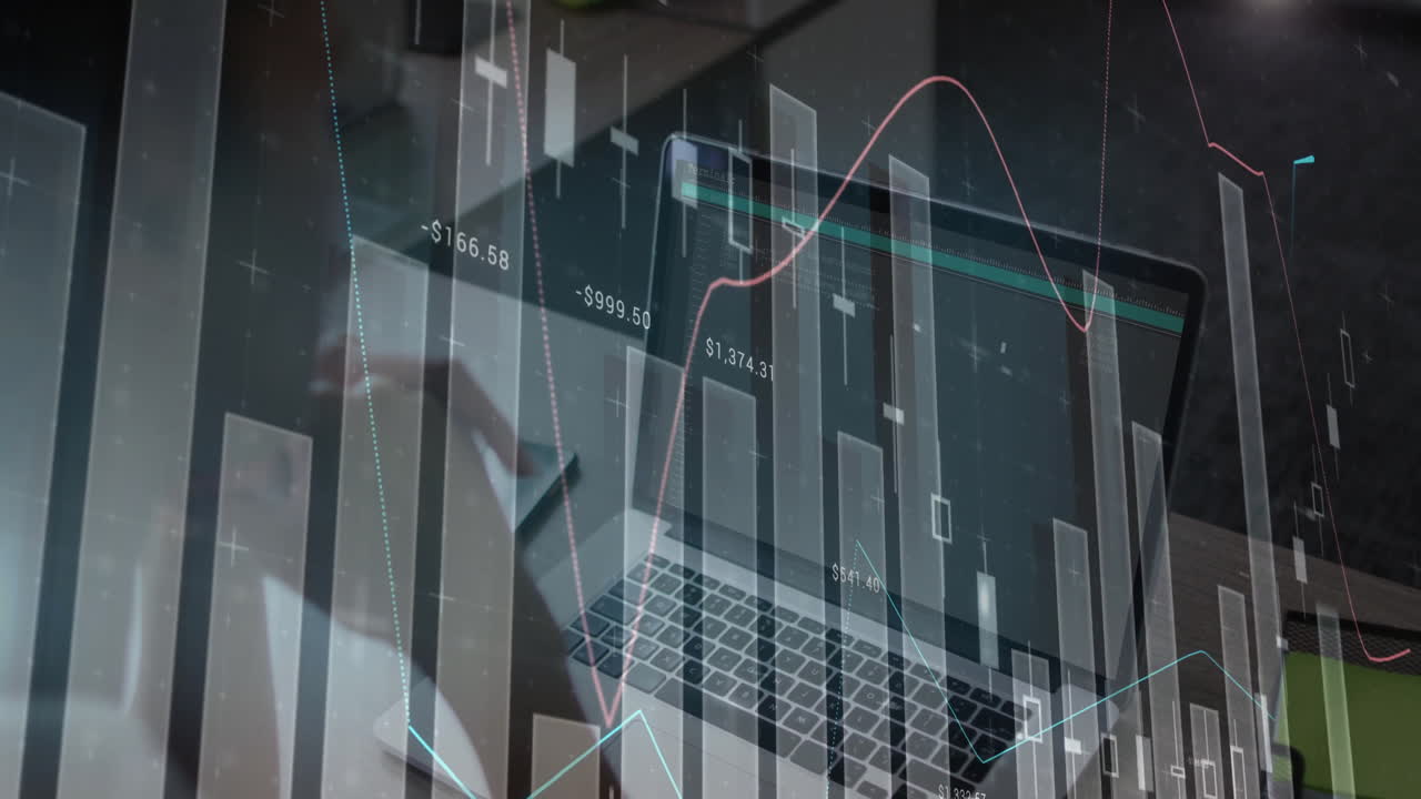 Analyst's hand tapping smartphone beside laptop showing financial chart and floating bar graphs