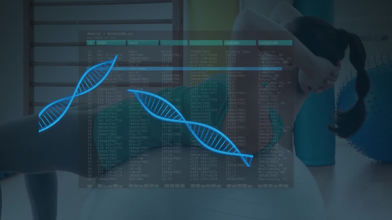 Animation of digital screen with dna and data over caucasian woman exercising