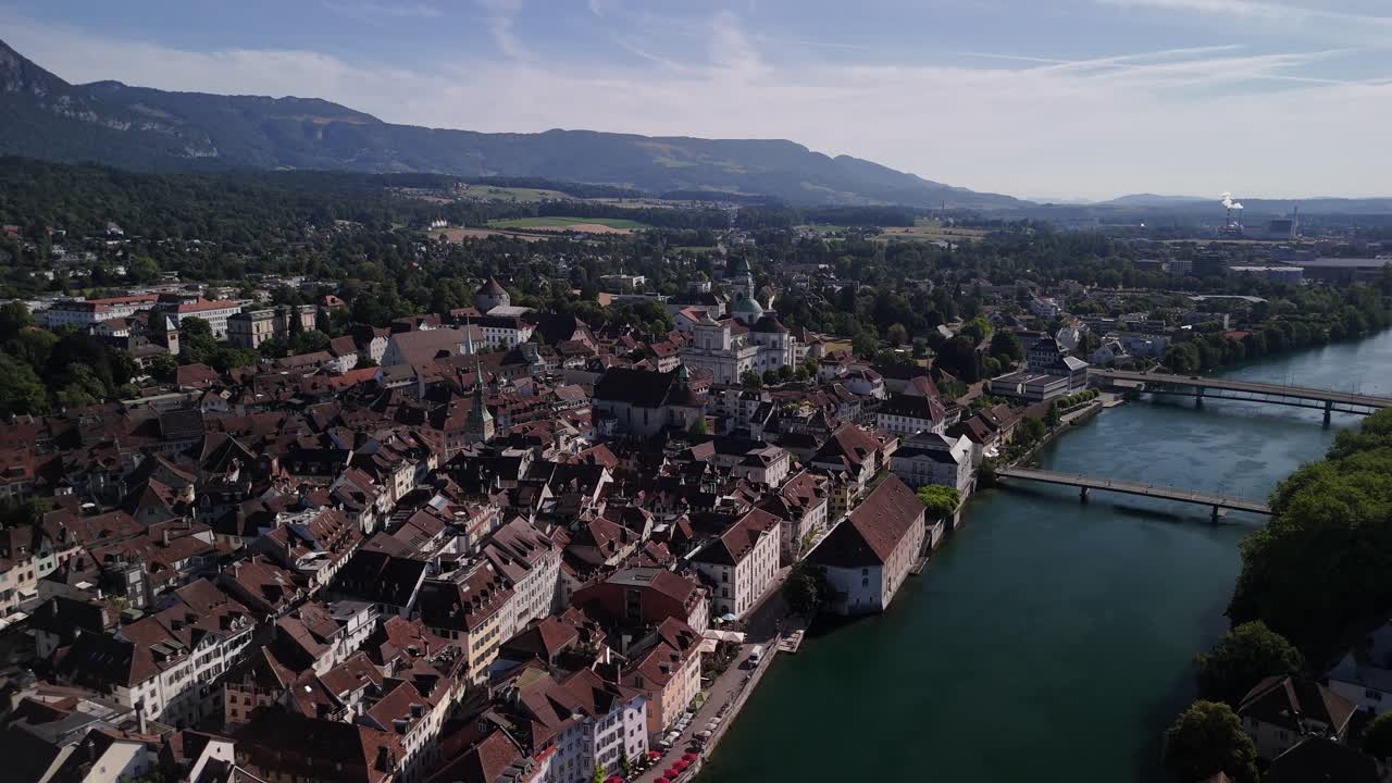 Aare river Switzerland medieval town Solothurn aerial drone baroque architecture
