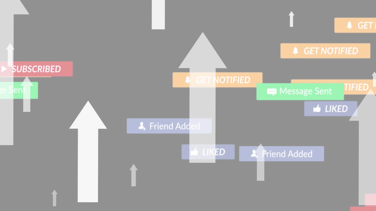 animación de múltiples iconos de redes sociales flotando y flechas en fondo gris