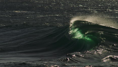 deep green wave crashes in low light, soft ripple leads edge into smooth rolling impact